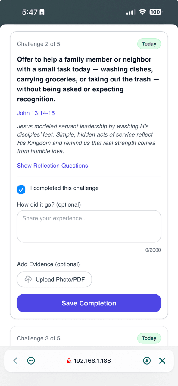 A midweek challenge activity on a student's phone — scripture reference, reflection prompt, and completion tracking