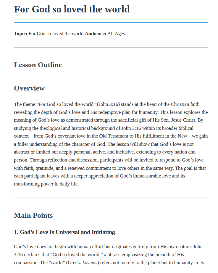 A complete lesson generated by Appostolic — outline, discussion, and application